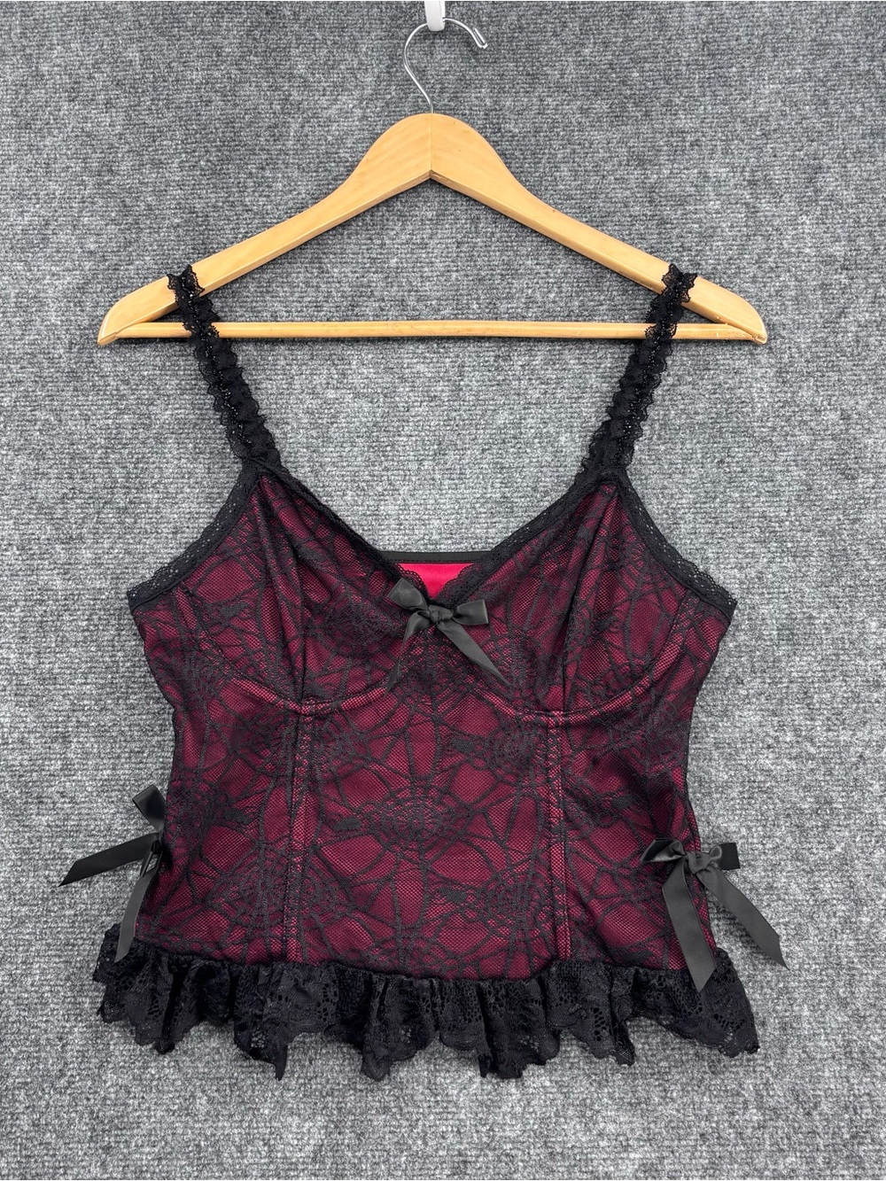 Dark Coquette Grunge Sexy Vamp Goth Spider Webs Lace Front Cami Top Women’s S